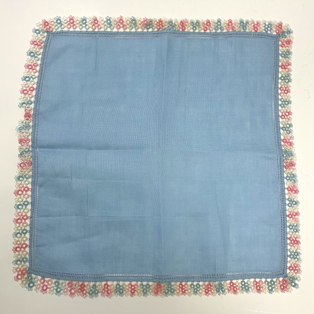 Elegant Vintage Hemstitched Drawn Variegated Tatted Lace Wedding Blue Hankie